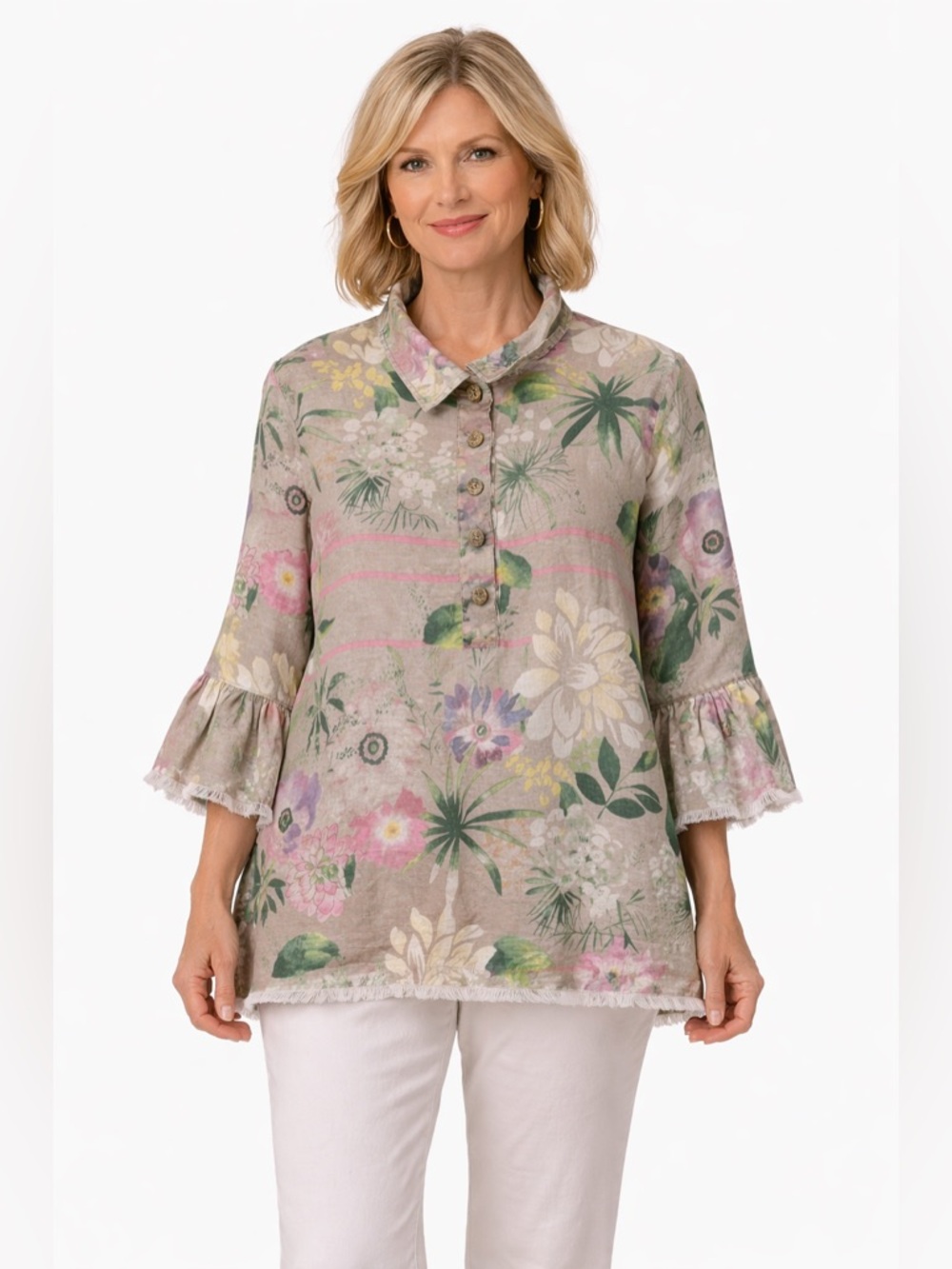 John Mark 100% Linen Floral Button Front Top L Boho Cottagecore Frayed Sleeve